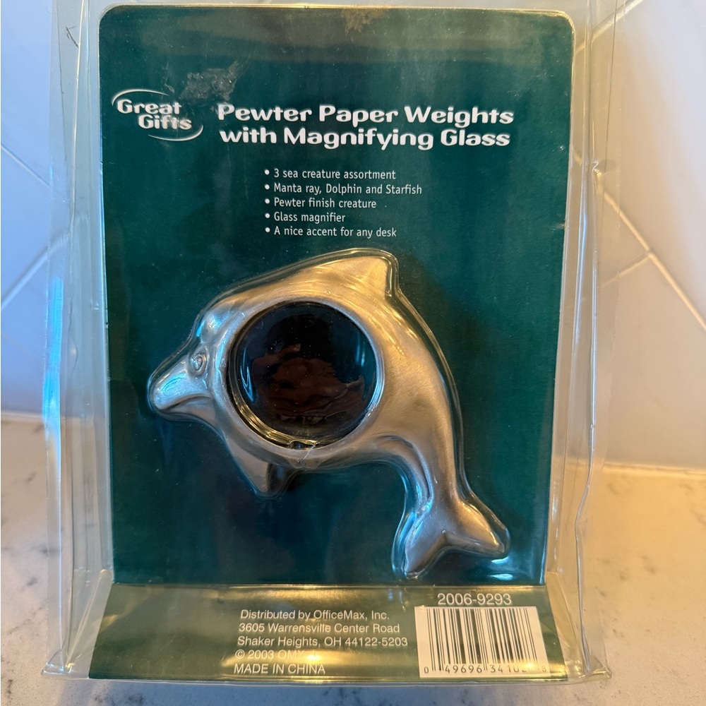 Pewter Dolphin Paperweight with Magnifying Glass